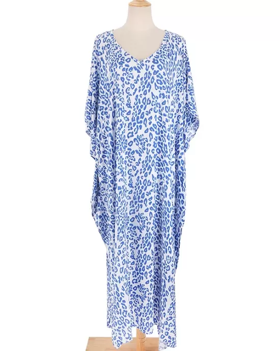 Leopard Split-Side Sun Protection Batwing Sleeves Loose V-Neck Maxi Dresses Cover-Ups Swimwear