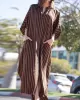 Buttoned Pockets Striped Batwing Sleeves Half Sleeves Round-Neck Maxi Dresses Beach Cover-Up