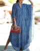 Buttoned Pockets Striped Batwing Sleeves Half Sleeves Round-Neck Maxi Dresses Beach Cover-Up