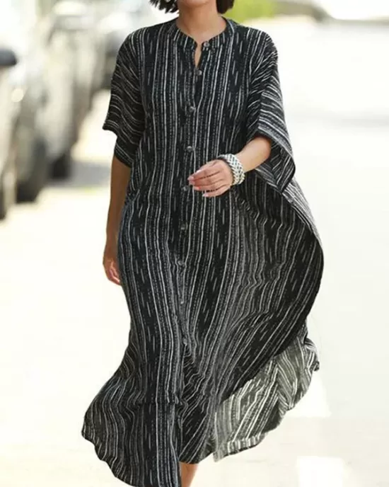 Buttoned Pockets Striped Batwing Sleeves Half Sleeves Round-Neck Maxi Dresses Beach Cover-Up