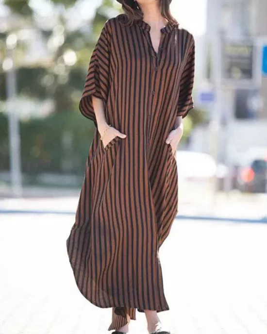 Buttoned Pockets Striped Batwing Sleeves Half Sleeves Round-Neck Maxi Dresses Beach Cover-Up