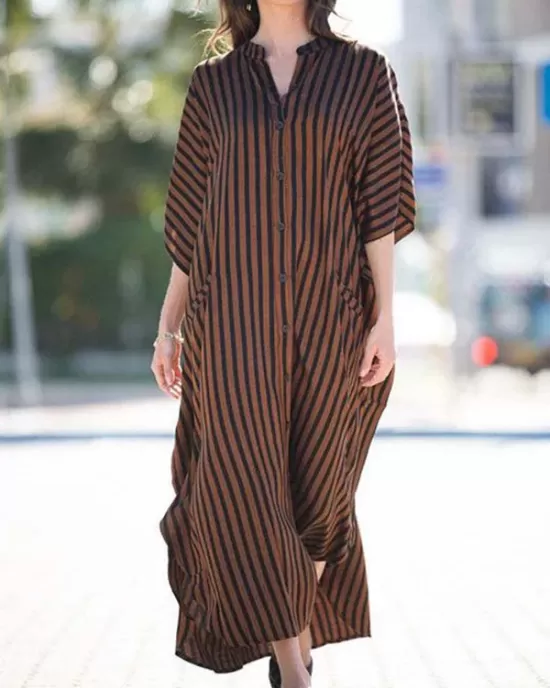 Buttoned Pockets Striped Batwing Sleeves Half Sleeves Round-Neck Maxi Dresses Beach Cover-Up