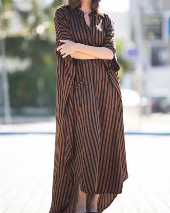 Buttoned Pockets Striped Batwing Sleeves Half Sleeves Round-Neck Maxi Dresses Beach Cover-Up