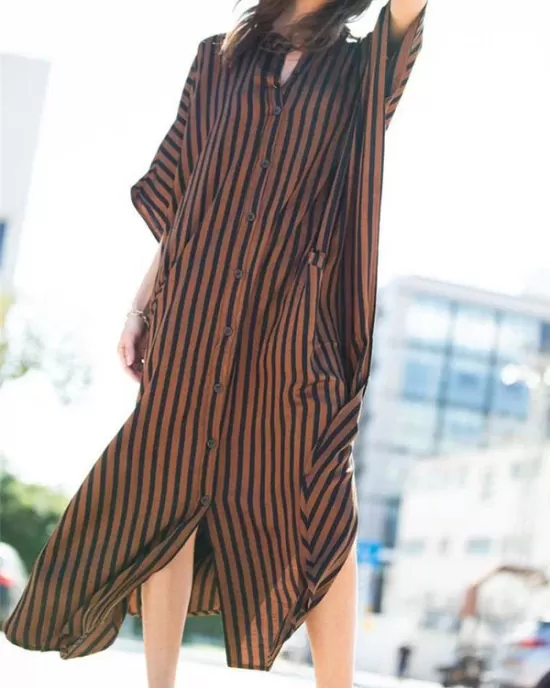 Buttoned Pockets Striped Batwing Sleeves Half Sleeves Round-Neck Maxi Dresses Beach Cover-Up