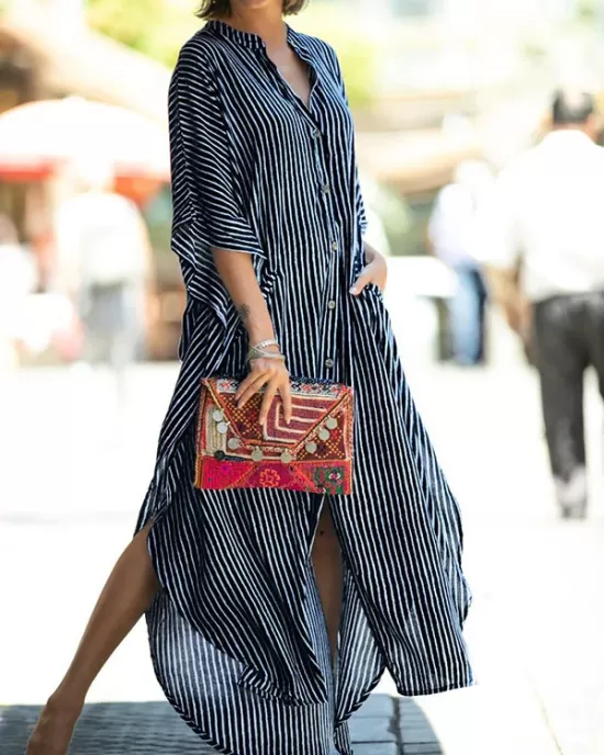 Buttoned Pockets Striped Batwing Sleeves Half Sleeves Round-Neck Maxi Dresses Beach Cover-Up