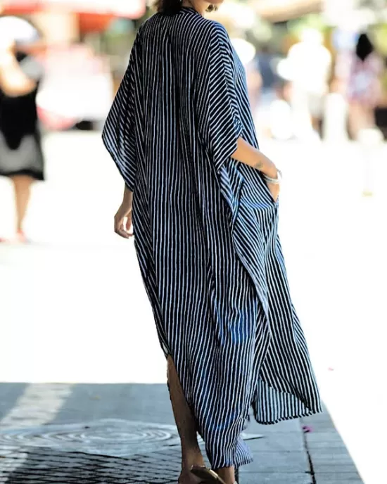 Buttoned Pockets Striped Batwing Sleeves Half Sleeves Round-Neck Maxi Dresses Beach Cover-Up