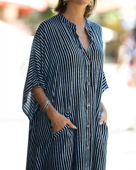 Buttoned Pockets Striped Batwing Sleeves Half Sleeves Round-Neck Maxi Dresses Beach Cover-Up