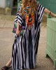 Printed Split-side Striped Batwing Sleeves Loose V-neck Maxi Dresses Beach Cover-Up