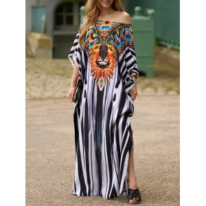 Printed Split-side Striped Batwing Sleeves Loose V-neck Maxi Dresses Beach Cover-Up