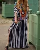 Printed Split-side Striped Batwing Sleeves Loose V-neck Maxi Dresses Beach Cover-Up