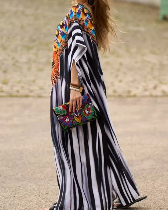 Printed Split-side Striped Batwing Sleeves Loose V-neck Maxi Dresses Beach Cover-Up