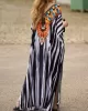 Printed Split-side Striped Batwing Sleeves Loose V-neck Maxi Dresses Beach Cover-Up