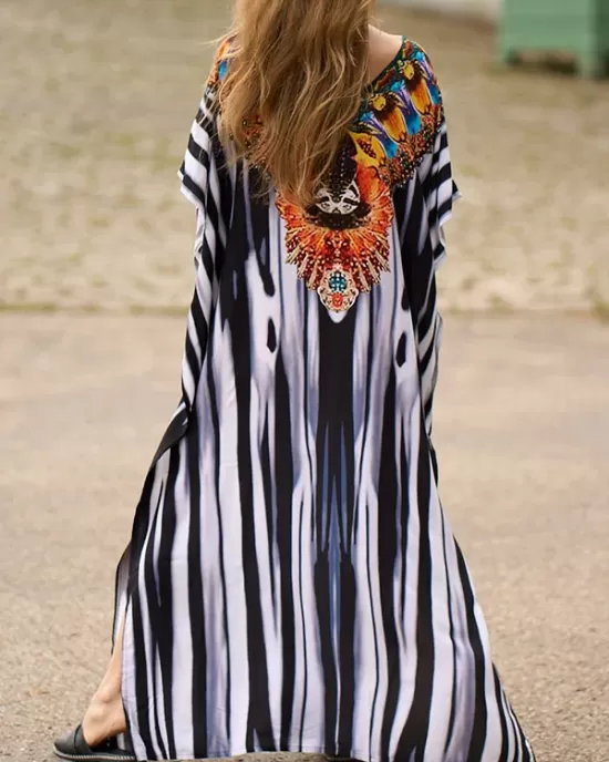 Printed Split-side Striped Batwing Sleeves Loose V-neck Maxi Dresses Beach Cover-Up