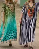 Printed Split-side Striped Batwing Sleeves Loose V-neck Maxi Dresses Beach Cover-Up