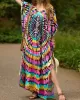 Printed Split-Side Batwing Sleeves Loose V-Neck Maxi Dresses Beach Cover-Up