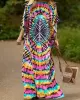 Printed Split-Side Batwing Sleeves Loose V-Neck Maxi Dresses Beach Cover-Up