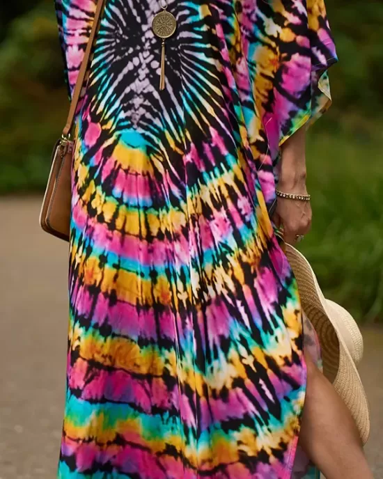 Printed Split-Side Batwing Sleeves Loose V-Neck Maxi Dresses Beach Cover-Up