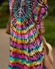 Printed Split-Side Batwing Sleeves Loose V-Neck Maxi Dresses Beach Cover-Up