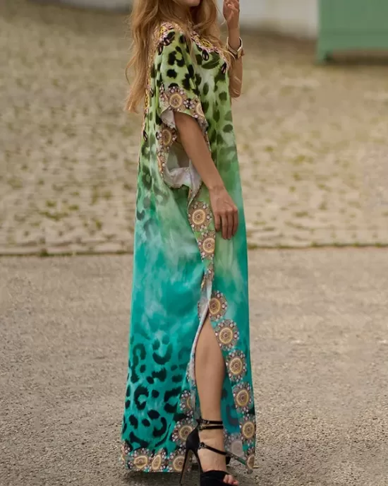 Leopard Printed Split-side Batwing Sleeves Loose V-neck Maxi Dresses Beach Cover-Up