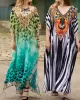 Leopard Printed Split-side Batwing Sleeves Loose V-neck Maxi Dresses Beach Cover-Up