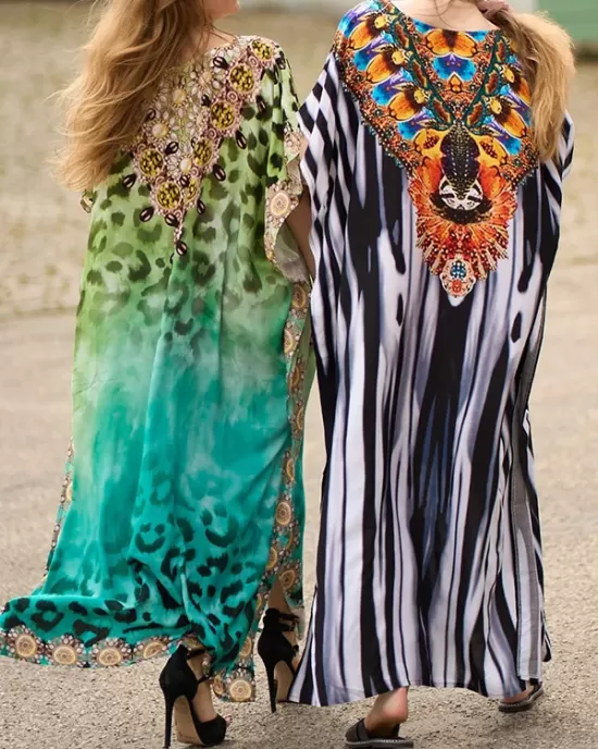 Leopard Printed Split-side Batwing Sleeves Loose V-neck Maxi Dresses Beach Cover-Up