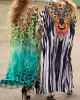 Leopard Printed Split-side Batwing Sleeves Loose V-neck Maxi Dresses Beach Cover-Up