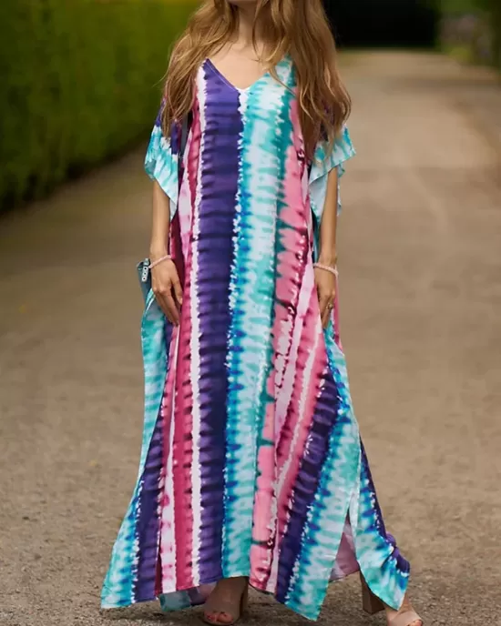 Contrast Color Printed Split-Side Batwing Sleeves Loose V-Neck Maxi Dresses Beach Cover-Up