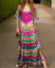 Split-side Tie-dyed Batwing Sleeves Loose V-neck Maxi Dresses Beach Cover-Up