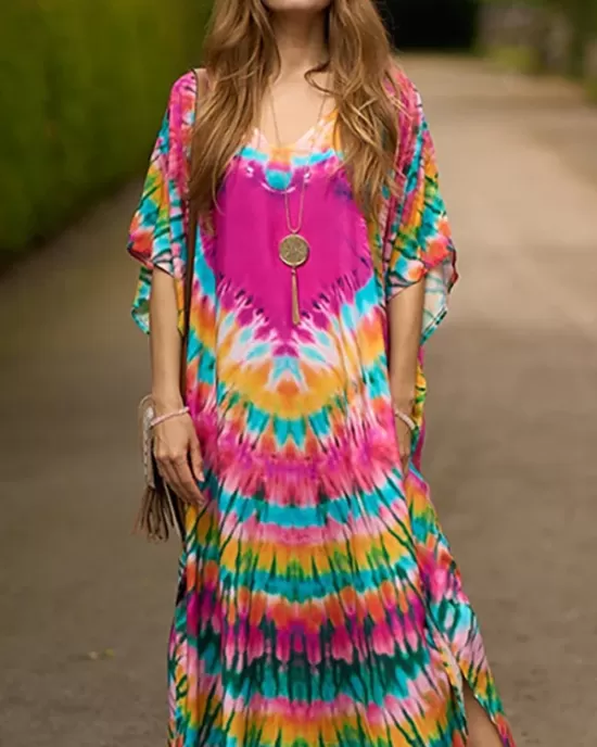 Split-side Tie-dyed Batwing Sleeves Loose V-neck Maxi Dresses Beach Cover-Up