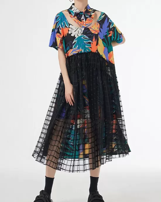 Buttoned Hollow Mesh Printed Split-Joint A-Line Loose Lapel Midi Dresses