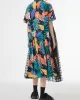 Buttoned Hollow Mesh Printed Split-Joint A-Line Loose Lapel Midi Dresses