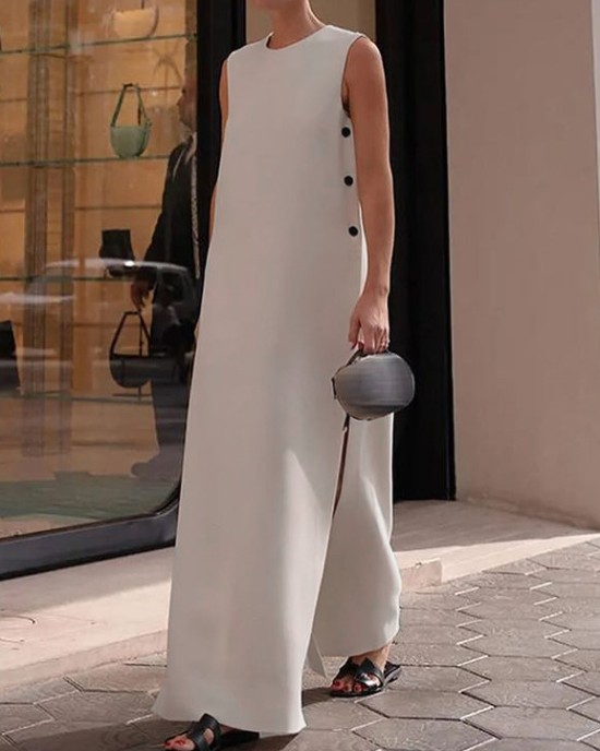 Loose Sleeveless Solid Color Split-Side Round-Neck Maxi Dresses