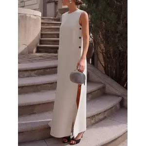 Loose Sleeveless Solid Color Split-Side Round-Neck Maxi Dresses