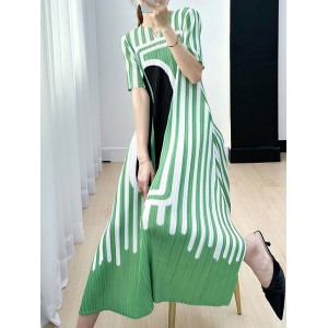 Pleated Printed A-line Loose V-neck Midi Dresses