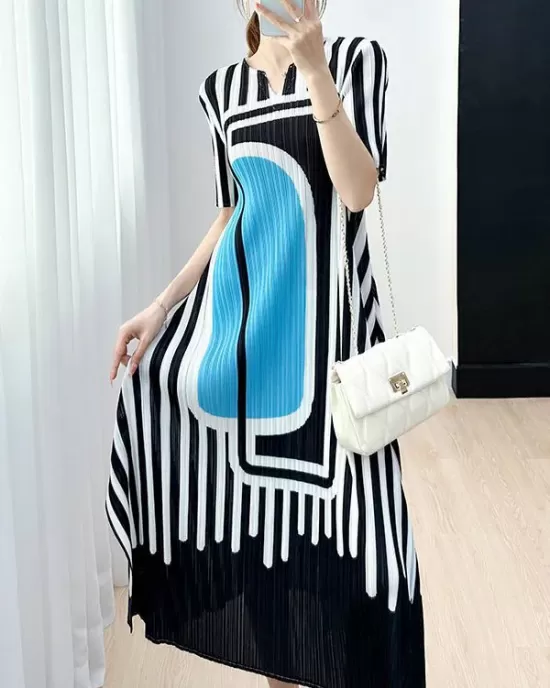 Pleated Printed A-line Loose V-neck Midi Dresses