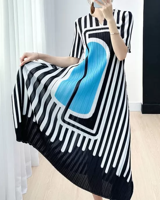 Pleated Printed A-line Loose V-neck Midi Dresses