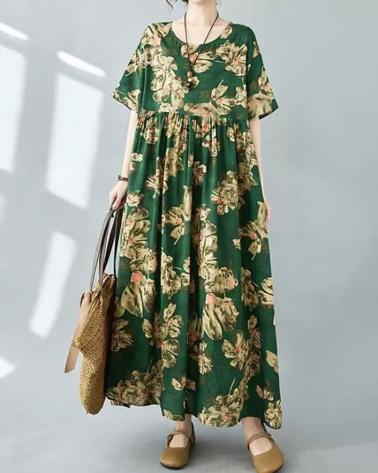 Flower Print Pleated Pockets Half Sleeves Loose Round-neck Midi Dresses