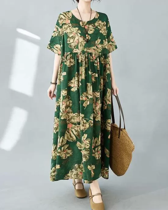 Flower Print Pleated Pockets Half Sleeves Loose Round-neck Midi Dresses