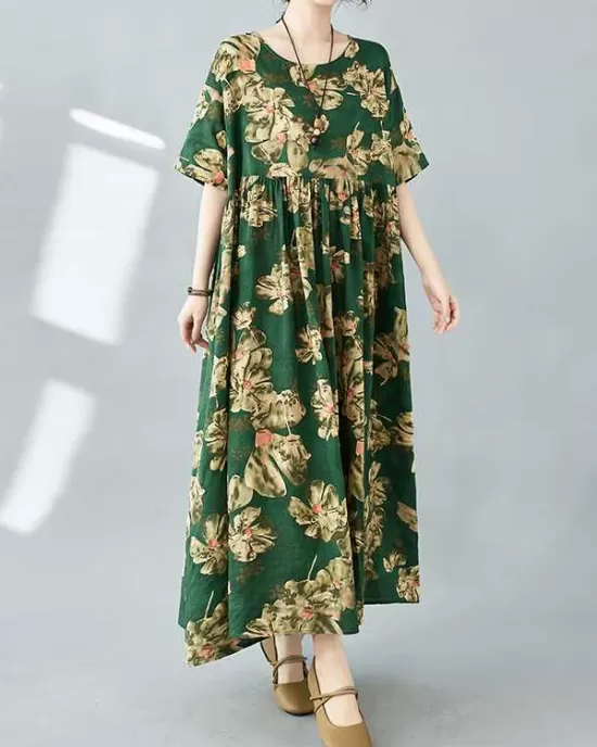 Flower Print Pleated Pockets Half Sleeves Loose Round-neck Midi Dresses