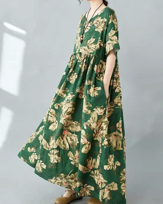 Flower Print Pleated Pockets Half Sleeves Loose Round-neck Midi Dresses