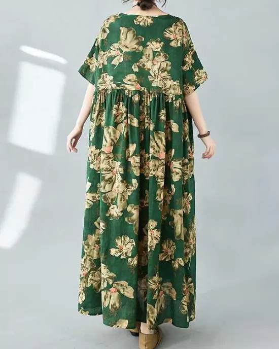 Flower Print Pleated Pockets Half Sleeves Loose Round-neck Midi Dresses