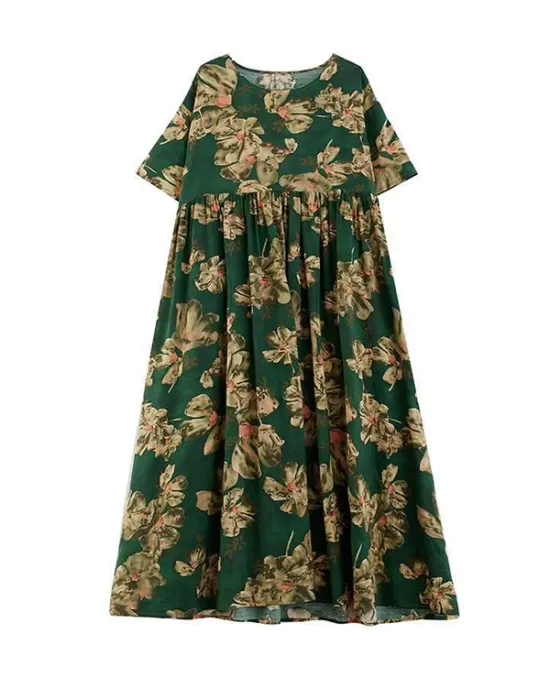 Flower Print Pleated Pockets Half Sleeves Loose Round-neck Midi Dresses