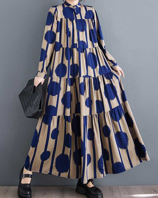 Buttoned Pleated Polka-Dot Split-Joint A-Line Long Sleeves Stand Collar Shirt Dress Maxi Dresses