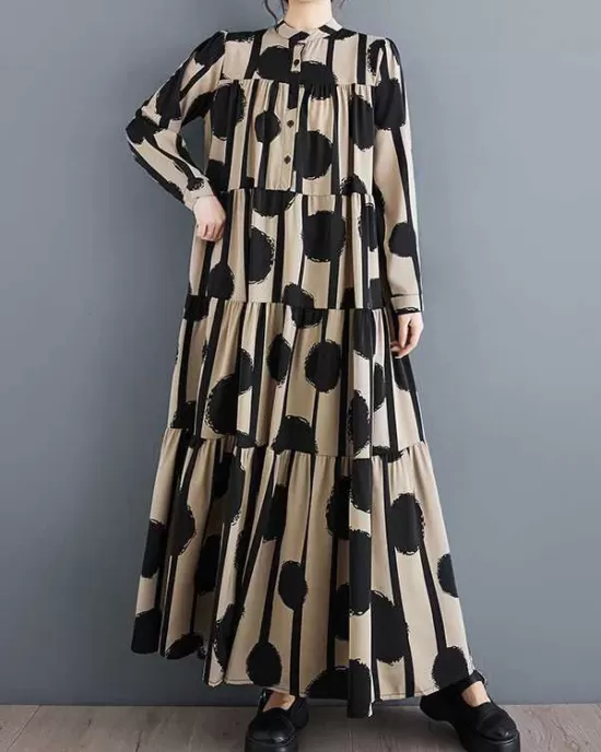 Buttoned Pleated Polka-Dot Split-Joint A-Line Long Sleeves Stand Collar Shirt Dress Maxi Dresses