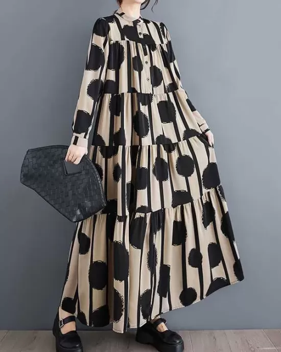 Buttoned Pleated Polka-Dot Split-Joint A-Line Long Sleeves Stand Collar Shirt Dress Maxi Dresses