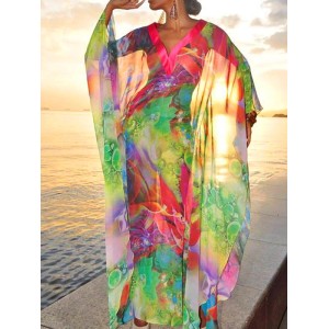 Batwing Sleeves Loose Printed See-Through Split-Joint V-Neck Cover-Ups Maxi Dresses