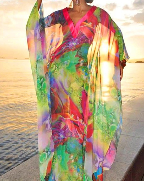 Batwing Sleeves Loose Printed See-Through Split-Joint V-Neck Cover-Ups Maxi Dresses