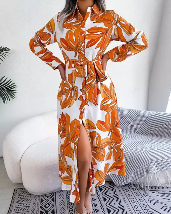 Printed Split-Joint Tied Waist Long Sleeves Loose Lapel Shirt Dress