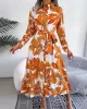 Printed Split-Joint Tied Waist Long Sleeves Loose Lapel Shirt Dress