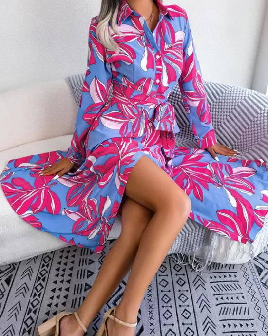 Printed Split-Joint Tied Waist Long Sleeves Loose Lapel Shirt Dress